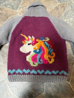 Hand-Knit Unicorn Sweater Jacket in Plum and Gray